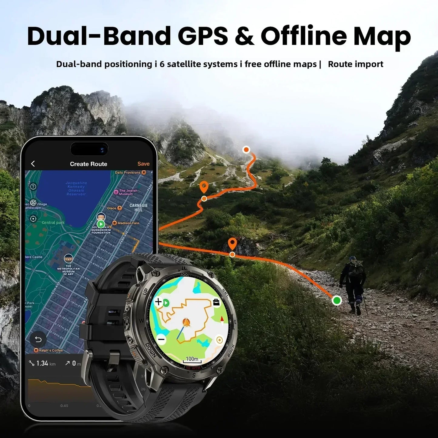 KOSPET Tank T4 Smartwatch GPS Offline Maps Heart Rate Monitoring