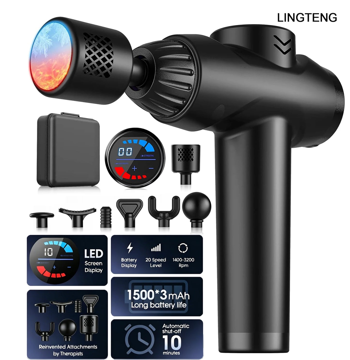 LINGTENG Massage Gun With Hot And Cold Therapy And 7 Massage Heads