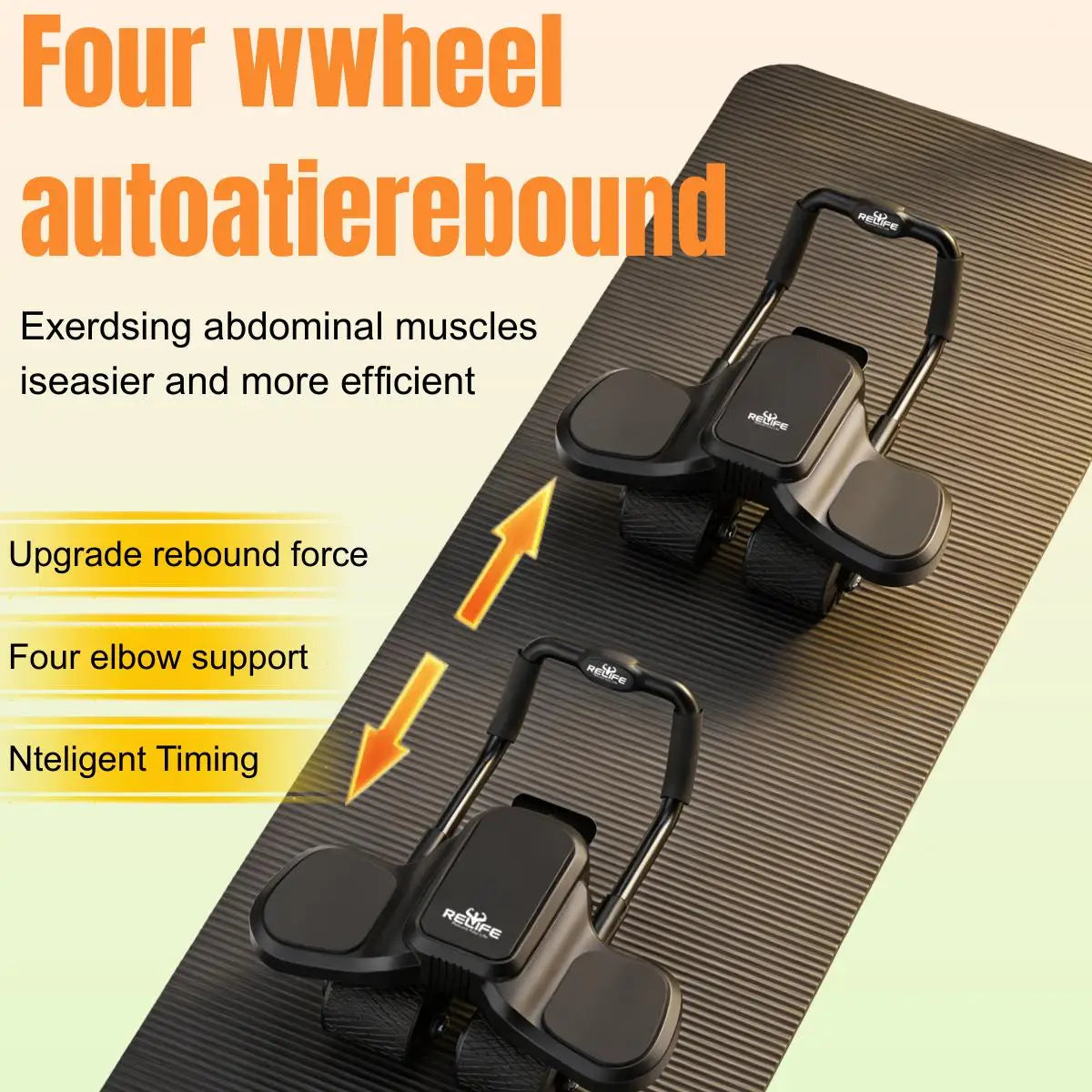 Automatic Rebound Four Wheel Ab Roller With Integrated Knee Mat