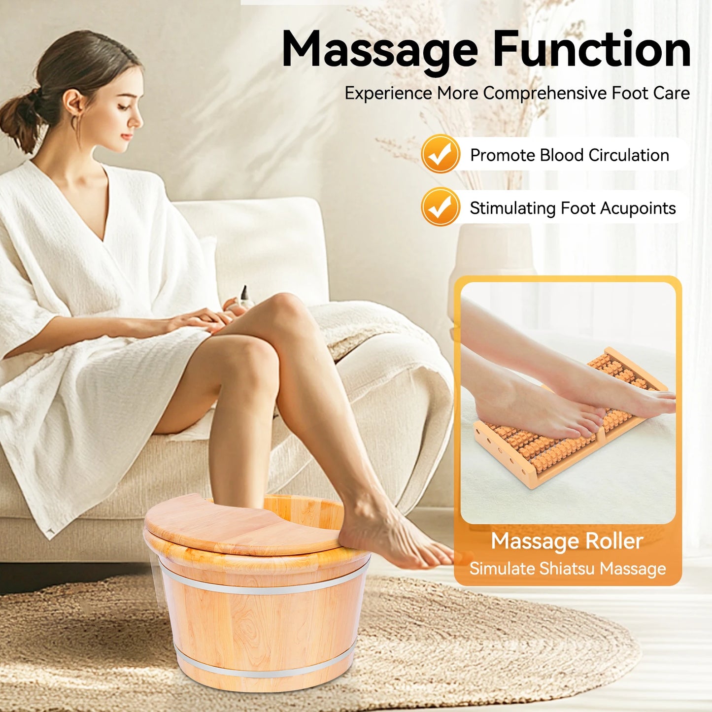 Natural Cedar Wood Foot Spa Bucket With Massage Roller Tub